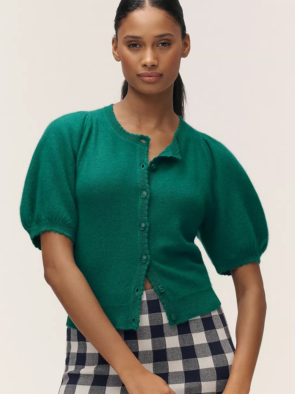 Maeve Cashmere Puff Sleeve Cardigan Green Short Sleeve Sweater Knit Top XL